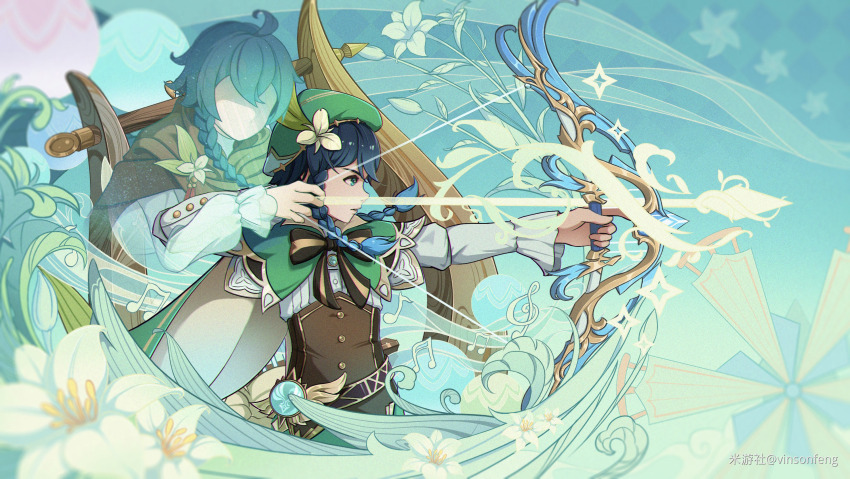 2boys aiming bard braid cape collared_cape corset elegy_of_the_end_(genshin_impact) flower genshin_impact gradient_hair green_background green_cape green_eyes green_flower green_hat green_shorts hat hat_flower highres instrument looking_ahead lyre multicolored_hair multiple_boys parted_lips shirt short_hair_with_long_locks shorts side_braids twin_braids venti_(genshin_impact) vinsonfeng white_shirt windmill