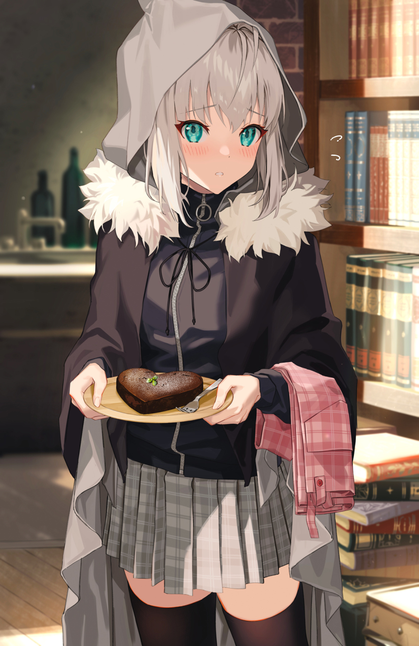 1girl ahoge apron aqua_eyes black_thighhighs blush book bookshelf cake chocolate chocolate_cake cloak cowboy_shot fate_(series) food fork fur_trim gray_(fate) grey_cloak heart heart-shaped_cake heart-shaped_food highres holding holding_plate hood hoodie indoors long_sleeves looking_at_viewer lord_el-melloi_ii_case_files motto_(night_wear) parted_lips pink_apron plate pleated_skirt short_hair silver_hair sink skirt solo thighhighs