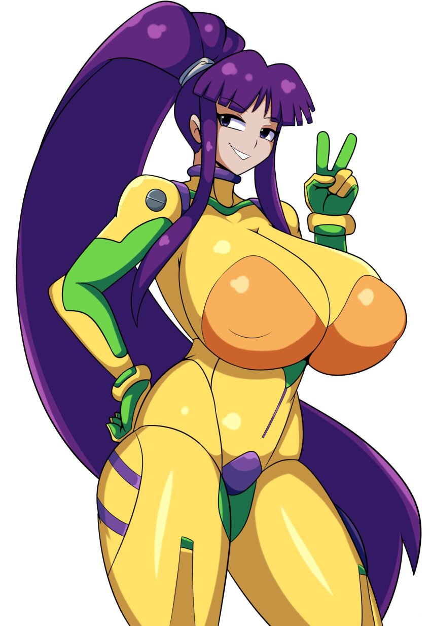 breasts cleavage crossover eiken gigantic_breasts hand_on_own_hip huge_breasts iggybomb long_hair mecha_pilot_suit misono_kirika neon_genesis_evangelion plugsuit purple_eyes purple_hair salute shiny_clothes sidelocks smile v very_long_hair wide_hips