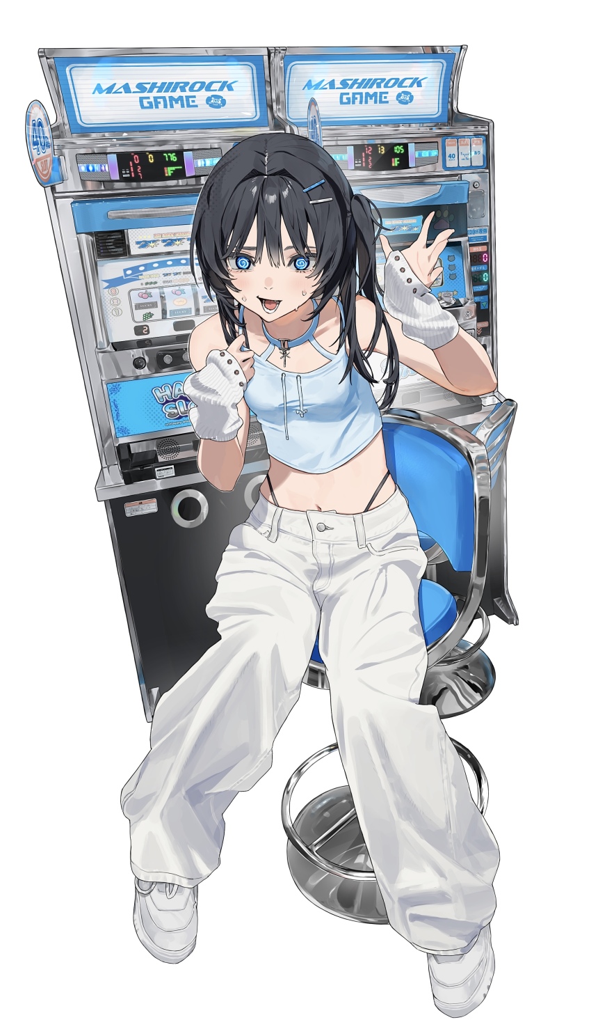 1girl @_@ absurdres black_hair blue_eyes blue_shirt chair hair_intakes highres long_hair mashiro_kta navel open_mouth original pants shirt side_ponytail simple_background sitting slot_machine solo sweat white_arm_warmers white_background white_footwear white_pants