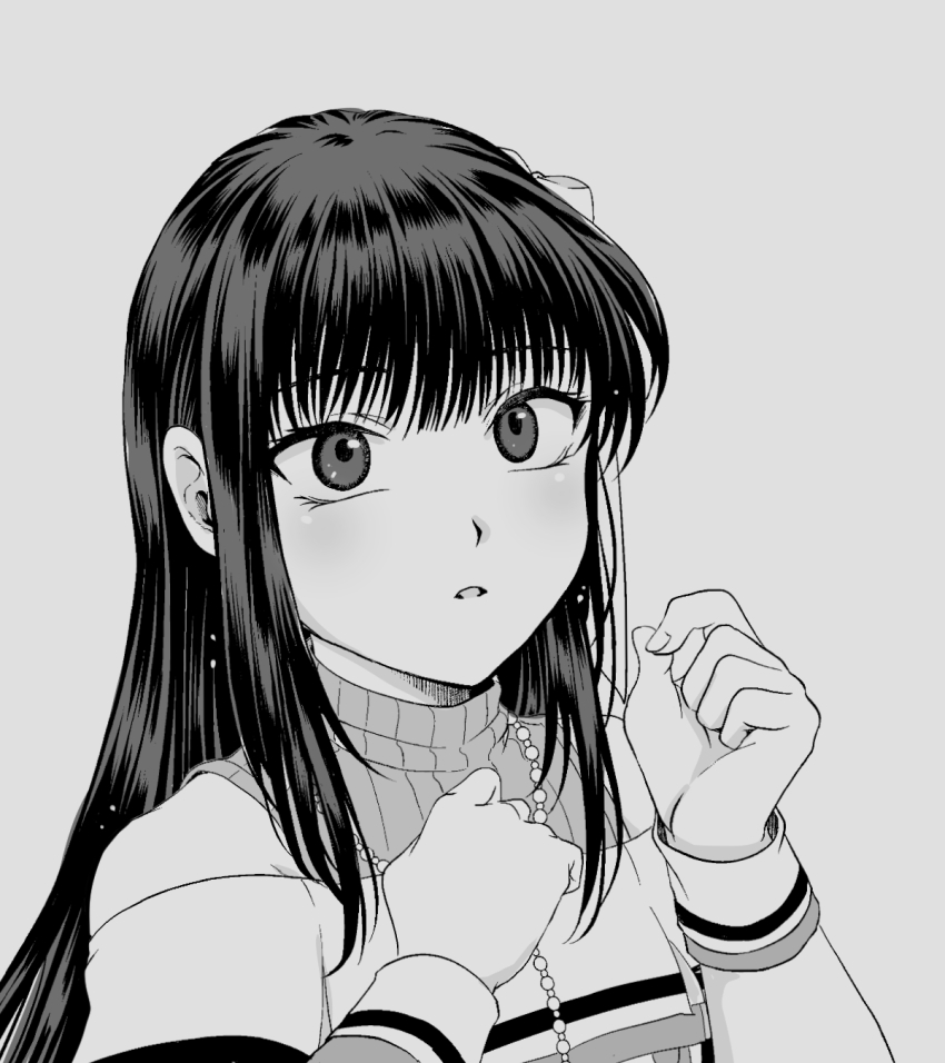 1girl dress grey_background greyscale hair_ribbon hand_on_own_chest highres jewelry kanimiso_umaina long_hair magary_(nise_seiken_monogatari) monochrome necklace nise_seiken_monogatari parted_lips ribbon solo straight_hair upper_body