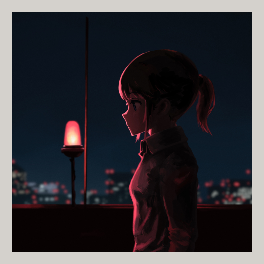 1girl absurdres backlighting border city cityscape highres night original ponytail profile rudeko32 scenery solo upper_body