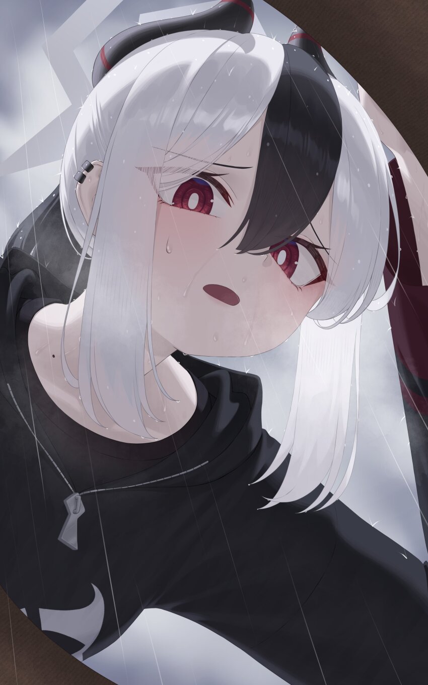 1girl absurdres bintz black_hoodie black_horns blue_archive bright_pupils demon_horns earclip frown grey_halo halo highres hood hoodie horns kayoko_(blue_archive) mole mole_on_neck multicolored_hair ponytail rain red_eyes two-tone_hair white_hair white_pupils