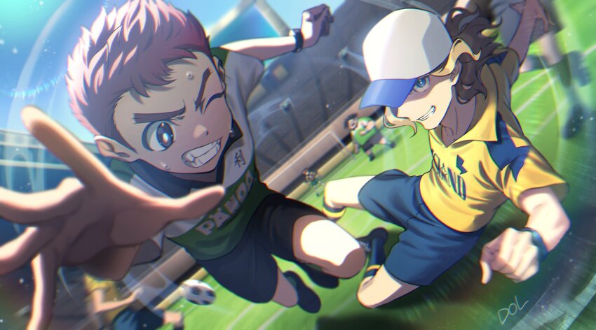 4boys ball baseball_cap black_shorts blue_eyes blue_shorts blue_socks dolustoy endou_mamoru full_body goal goalkeeper green_shirt hat highres inazuma_eleven_(series) inazuma_eleven_ares_no_tenbin kneehighs light_brown_hair male_focus mansaku_yuuichirou multiple_boys playing_sports red_hair sakanoue_noboru shirt shorts soccer_ball soccer_field soccer_uniform socks sportswear stadium sweat wristband yellow_shirt