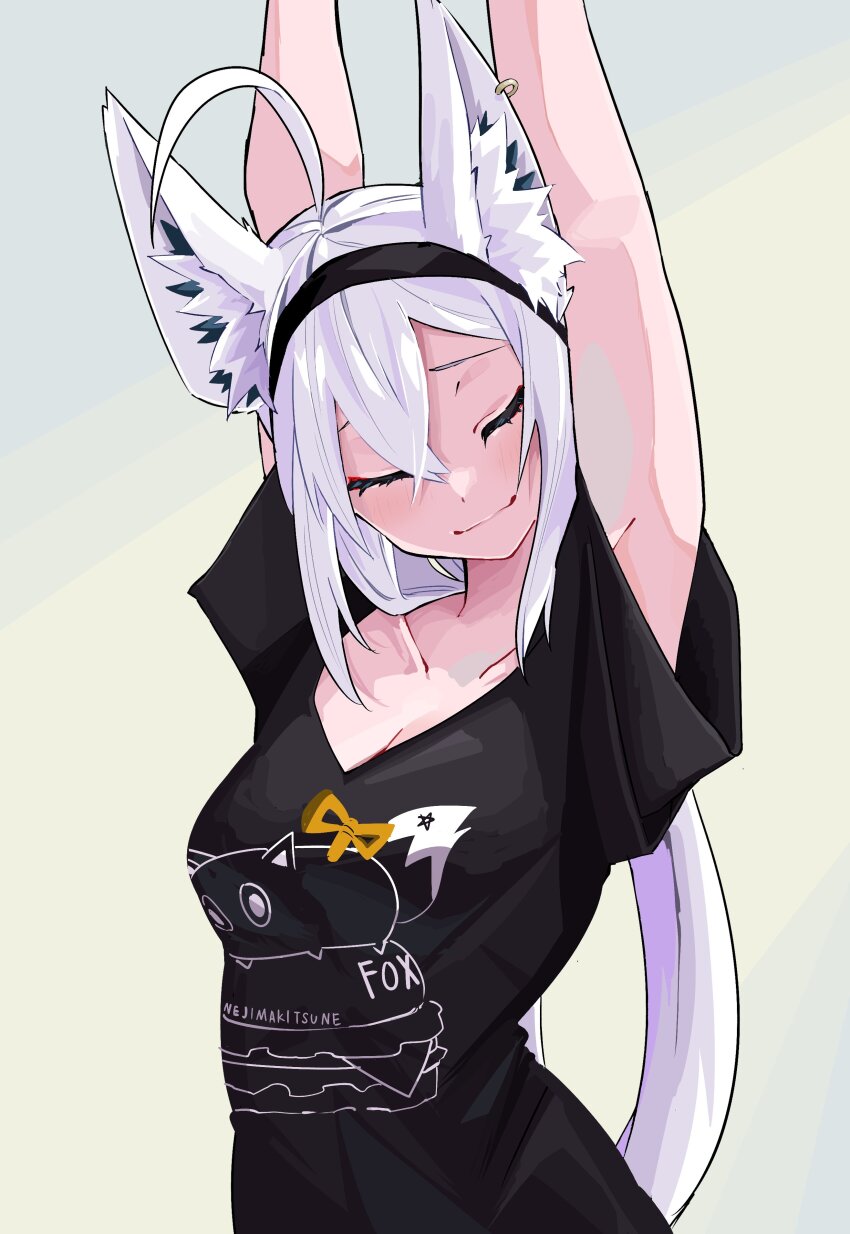 1girl absurdres ahoge animal_ear_fluff animal_ear_piercing animal_ears ao_no_kitsune armpit_peek arms_up black_hairband black_headband black_shirt breasts burger cleavage closed_eyes closed_mouth collarbone earrings food fox_ears fox_girl green_background hair_between_eyes hair_over_shoulder hairband headband highres hololive jewelry long_hair loungewear shirakami_fubuki shirakami_fubuki_(loungewear) shirt solo star_(symbol) stretching t-shirt virtual_youtuber white_hair winding_key