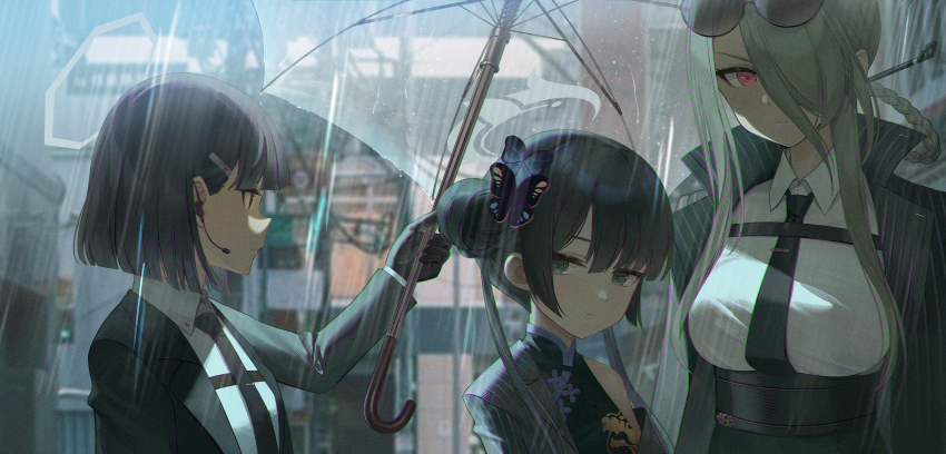 3girls absurdres black_dress blue_archive breasts china_dress chinese_clothes coat double_bun dragon_print dress eyewear_on_head grey_coat grey_eyes grey_hair hair_bun halo highres kisaki_(blue_archive) large_breasts mina_(blue_archive) multiple_girls rain red_eyes small_breasts sunglasses umbrella yaxiya