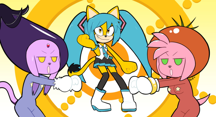 3girls alotaart amy_rose annoyed blaze_the_cat blue_hair bodysuit cat cosplay furry gloves hat hatsune_miku hatsune_miku_(cosplay) hedgehog honey_the_cat long_hair multiple_girls poppippoo_(vocaloid) sega sonic_(series) sweatdrop tail twintails vocaloid