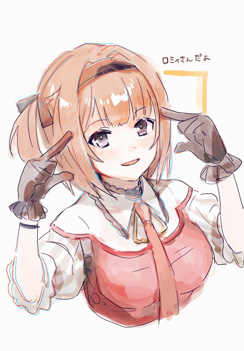 1girl atelier_(series) atelier_ryza atelier_ryza_2 black_hairband breasts character_name chromatic_aberration collared_shirt cropped_torso fingers_to_head gloves hairband highres index_fingers_raised le21day looking_at_viewer necktie one_side_up orange_hair red_necktie romy_vogel shirt short_hair short_sleeves simple_background smile solo upper_body white_background