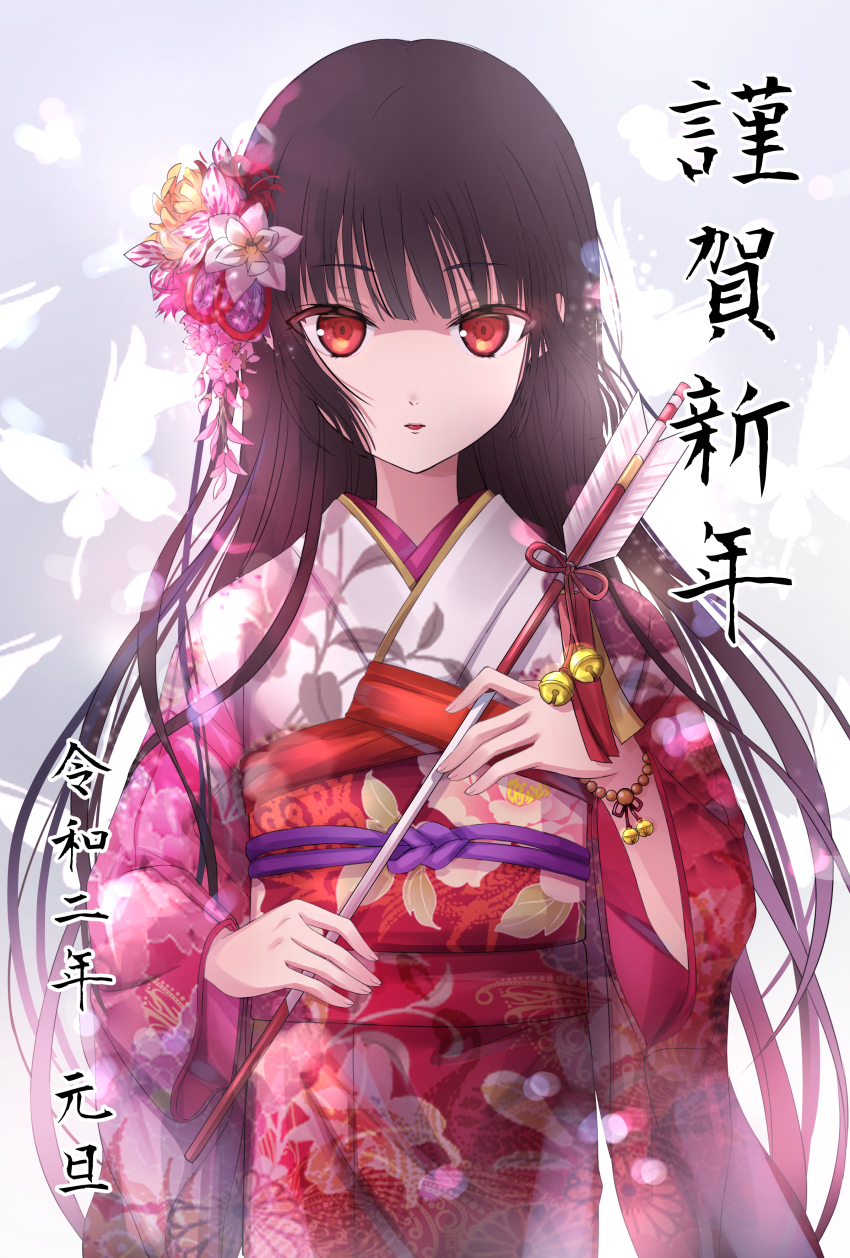 1girl absurdres black_hair enma_ai flower hair_flower hair_ornament highres japanese_clothes jigoku_shoujo kebaboishii kimono long_hair quill red_eyes solo white_background