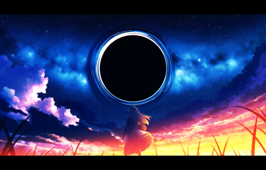 1girl absurdres black_hole fantasy from_behind highres letterboxed milky_way nebula nengoro original scenery sky star_(sky) starry_sky sun_halo swirling very_wide_shot wind wind_lift