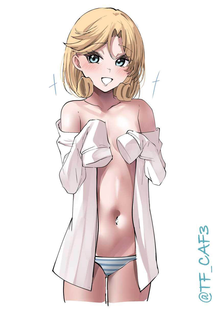 1girl absurdres alternate_costume bare_shoulders blonde_hair breasts collarbone collared_shirt commentary_request cowboy_shot cropped_legs highres janus_(kancolle) kantai_collection looking_at_viewer naked_shirt navel one-hour_drawing_challenge open_mouth panties shirt short_hair simple_background sleeves_past_fingers sleeves_past_wrists small_breasts smile striped_clothes striped_panties tf_cafe twitter_username underwear white_background white_shirt