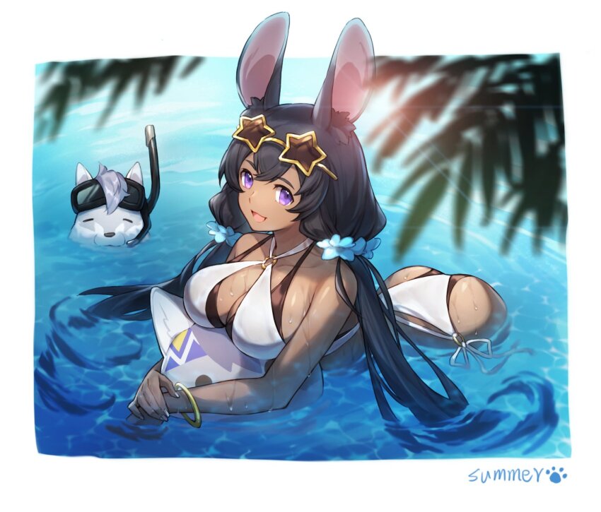 1girl :d animal animal_ears ass ball bare_shoulders beachball bikini black_hair bracelet breasts dark-skinned_female dark_skin dragalia_lost dragalinuka eyewear_on_head highres jewelry laranoa large_breasts long_hair looking_at_viewer open_mouth partially_submerged purple_eyes rabbit_ears smile star-shaped_eyewear star_(symbol) sunglasses swimsuit wolf