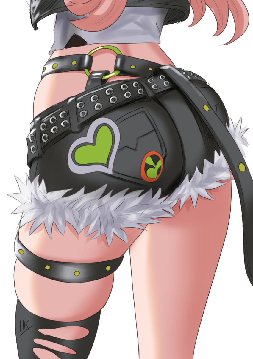 1girl absurdres ass ass_focus black_shorts fur_trim highres kein_hasegawa lower_body nicole_demara pink_hair shorts simple_background solo standing thighs white_background zenless_zone_zero