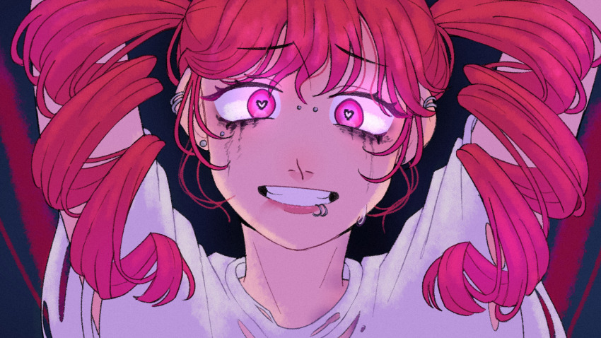 arms_up black_background black_eyeliner deco27 drill_hair ear_piercing eyeliner heart heart-shaped_pupils highres jewelry kasane_teto lip_piercing lipstick lipstick_ring long_hair looking_at_viewer loose_hair_strand makeup mascara mjc908 multiple_rings nose_piercing piercing red_eyes red_hair red_lips ring runny_makeup sad_girl_sex_(vocaloid) shirt short_sleeves simple_background smeared_lipstick smile symbol-shaped_pupils torn_clothes torn_shirt twin_drills vocaloid white_shirt