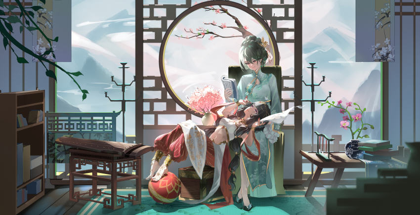 2girls absurdres alternate_hairstyle architecture ball barefoot black_hair blue_nails book breasts chinese_clothes chinese_commentary closed_mouth clothing_request commentary_request east_asian_architecture green_hair guqin hair_between_eyes hair_ornament highres holding holding_book honkai:_star_rail honkai_(series) honkai_impact_3rd indoors jiu_dao_fan_yin long_hair looking_at_another medium_breasts multiple_girls nail_polish navel red_eyes red_nails sitting smile sparkle_(honkai:_star_rail) stomach toes very_long_hair vita_(honkai_impact)