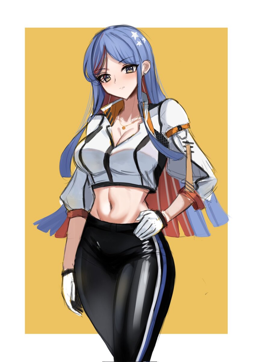 1girl alternate_costume black_pants blue_hair border breasts colored_inner_hair dimos_(dawn_1945) hand_on_own_hip highres kantai_collection large_breasts midriff multicolored_hair navel outside_border pants red_hair shirt solo south_dakota_(kancolle) standing star_(symbol) streaked_hair tight_clothes tight_pants two-tone_background white_border white_hair white_shirt yellow_background