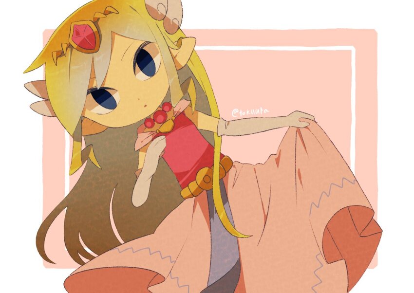 1girl artist_name back belt blonde_hair blue_eyes blush dress floating_hair gloves jewelry long_dress long_hair looking_at_viewer multicolored_hair necklace nintendo pink_dress princess_zelda skirt_hold solo the_legend_of_zelda the_legend_of_zelda:_spirit_tracks the_legend_of_zelda:_the_wind_waker tiara tokuura toon_zelda