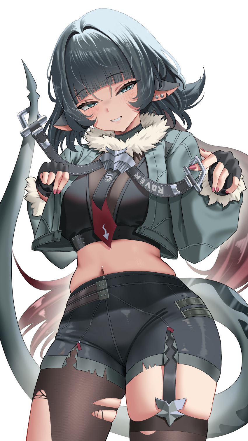 1girl absurdres animal_ears black_gloves black_hair black_pantyhose black_shorts black_thighhighs blush breasts buko_(bukosuki) commentary cowboy_shot crop_top fingerless_gloves fingernails fur-trimmed_jacket fur_trim gloves green_eyes grey_jacket hair_intakes highres jacket jane_doe_(zenless_zone_zero) large_breasts long_hair looking_at_viewer mouse_ears mouse_girl mouse_tail nail_polish navel pantyhose red_nails short_shorts shorts simple_background single_leg_pantyhose skindentation smile solo stomach tail thighhighs thighs torn_clothes torn_pantyhose torn_thighhighs white_background zenless_zone_zero