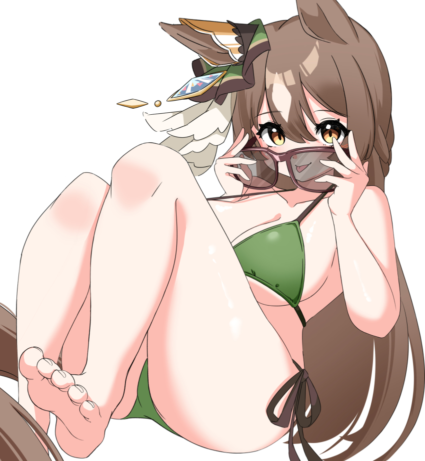 1girl akame00 animal_ears barefoot bikini breasts brown_eyes brown_hair collarbone ear_ornament feet foot_out_of_frame glasses green_bikini hair_between_eyes highres horse_ears horse_girl horse_tail knees_up large_breasts legs long_hair looking_at_viewer multicolored_hair rectangular_eyewear red-framed_eyewear satono_diamond_(umamusume) simple_background smile soles solo swimsuit tail toenails toes tongue tongue_out umamusume white_background