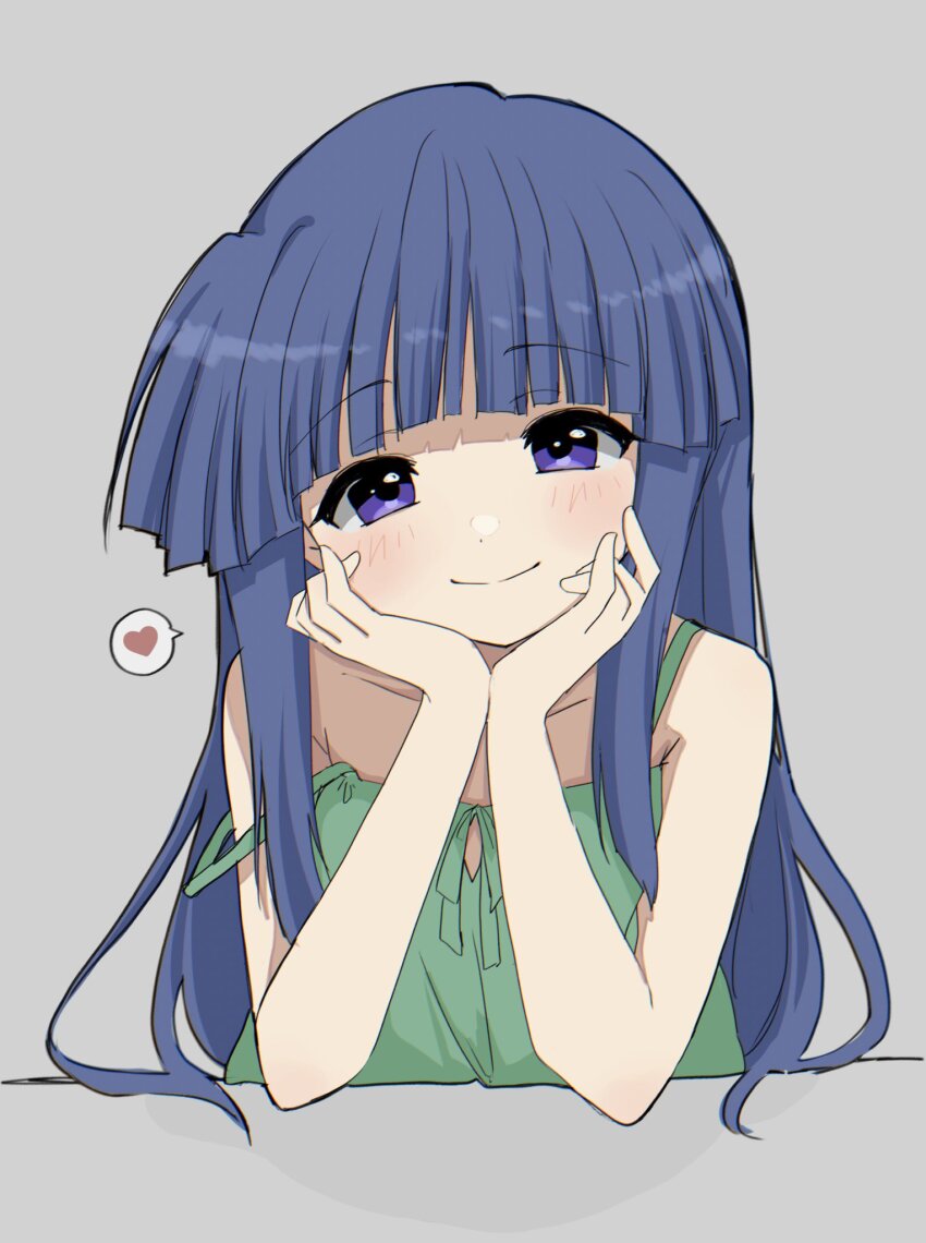 1girl bare_arms blue_hair blunt_bangs blush closed_mouth commentary_request dress elbows_on_table furude_rika green_dress grey_background hands_on_own_cheeks hands_on_own_face happy heart highres higurashi_no_naku_koro_ni hime_cut long_hair looking_at_viewer poyadevil purple_eyes sidelocks simple_background smile solo spaghetti_strap speech_bubble split_mouth spoken_heart strap_slip upper_body