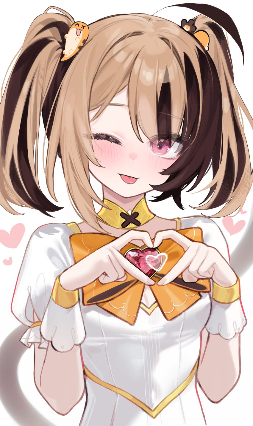 1girl :p absurdres ahoge alternate_costume blush bow bowtie breasts brown_hair character_hair_ornament closed_mouth commentary english_commentary gem gigi_murin grem_(gigi_murin) hair_ornament hands_up heart heart-shaped_gem heart_hands highres hololive hololive_english hoshi_usagi light_brown_hair looking_at_viewer magical_girl medium_hair multicolored_hair one_eye_closed pink_eyes puffy_short_sleeves puffy_sleeves red_gemstone shirt short_sleeves small_breasts solo tail tongue tongue_out twintails two-tone_hair upper_body virtual_youtuber white_background white_shirt yellow_bow yellow_bowtie