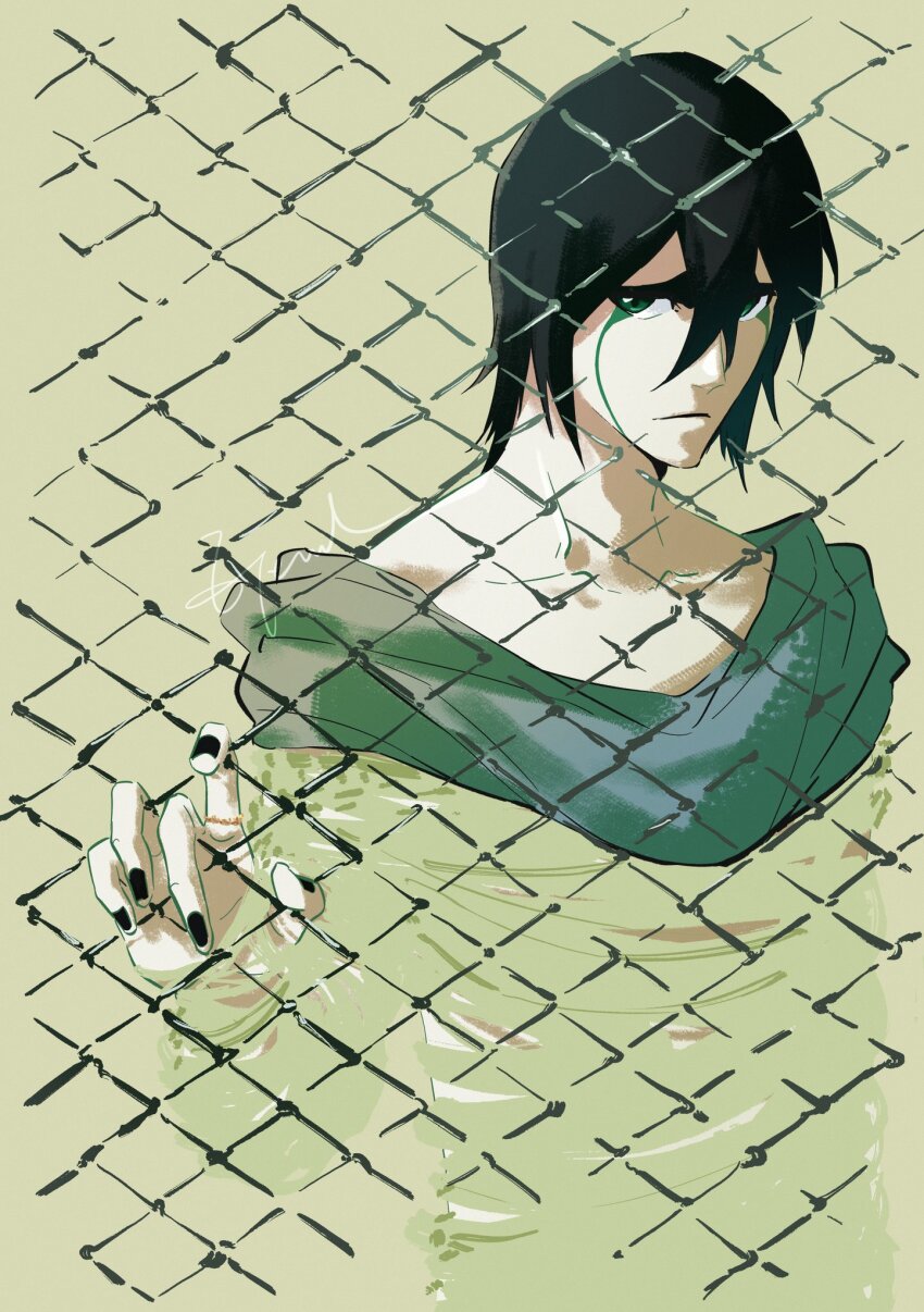 1boy black_hair black_nails bleach braised_goose chain-link_fence closed_mouth collarbone facial_mark fence green_eyes green_scarf green_shirt green_theme hair_between_eyes highres jewelry looking_at_viewer loose_clothes male_focus ring scarf shirt solo ulquiorra_cifer