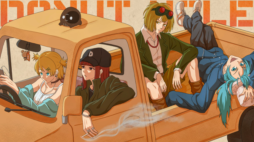 1other 2boys 2girls absurdres aqua_eyes aqua_hair bead_necklace beads blonde_hair blue_eyes breasts character_request choker cigarette collarbone commentary donut_hole_(vocaloid) driving eyewear_on_head fingernails gumi hair_ornament hat hatsune_miku headphones highres jewelry kagamine_rin kumanoko_105 long_hair long_sleeves lying medium_breasts medium_hair megurine_luka motor_vehicle multiple_boys multiple_girls necklace open_mouth pickup_truck red_hair riding short_hair smile smoking tank_top truck twintails vocaloid yellow_eyes