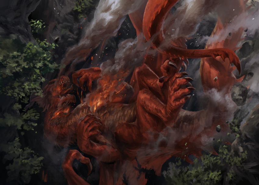 animal_focus burning claws debris dragon falling fantasy fire from_above highres mad_(artist) monster no_humans open_mouth original outdoors painterly realistic scales sharp_teeth signature smoke solo tail teeth torn_wings tree western_dragon wings