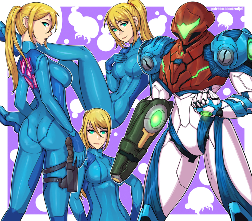 1girl arm_cannon armor arms_at_sides ass back blonde_hair blue_bodysuit blue_eyes bodysuit breasts clenched_hand collarbone covered_navel eyelashes facing_viewer female_focus from_behind from_side gun hair_between_eyes hand_on_own_chest hands_on_own_hips happy helmet high_heels high_ponytail highres holster large_breasts legs light_smile long_hair looking_at_viewer looking_back metroid metroid_dread mole mole_under_mouth multiple_views neck nintendo open_mouth outstretched_legs paralyzer platform_footwear ponytail power_suit print_bodysuit redjet samus_aran sideboob sidelocks sitting skin_tight standing swept_bangs thigh_holster thighs turtleneck turtleneck_bodysuit weapon zero_suit