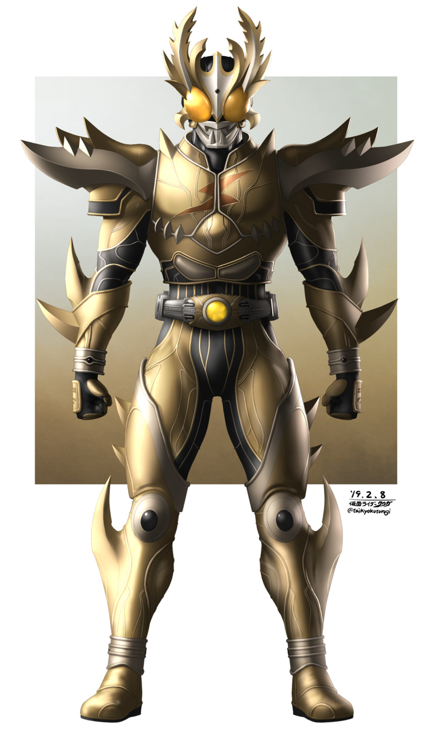 1boy arcle_(kuuga) arm_blade armor belt bodysuit breastplate clenched_hands compound_eyes full_armor full_body gauntlets gold_armor gold_horns helmet highres horns kamen_rider kamen_rider_dcd kamen_rider_kuuga_(series) kamen_rider_kuuga_(super_rising_ultimate_form) looking_at_viewer mask orange_eyes pauldrons rider_belt shoulder_armor solo spikes taikyoku_tsurugi tokusatsu weapon