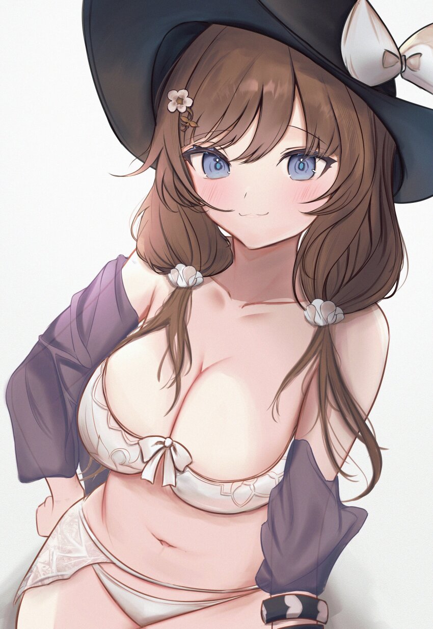 1girl :3 absurdres alternate_hair_length alternate_hairstyle bikini black_hat blue_eyes blush breasts brown_hair cleavage collarbone flower flower_hairpin granblue_fantasy hair_between_eyes hair_flower hair_ornament hair_scrunchie hand_on_own_hip hat highres large_breasts midriff navel raziel_(granblue_fantasy) raziel_(summer)_(granblue_fantasy) ri_shan ribbon scrunchie smile stomach swimsuit white_background white_bikini white_flower white_ribbon white_scrunchie