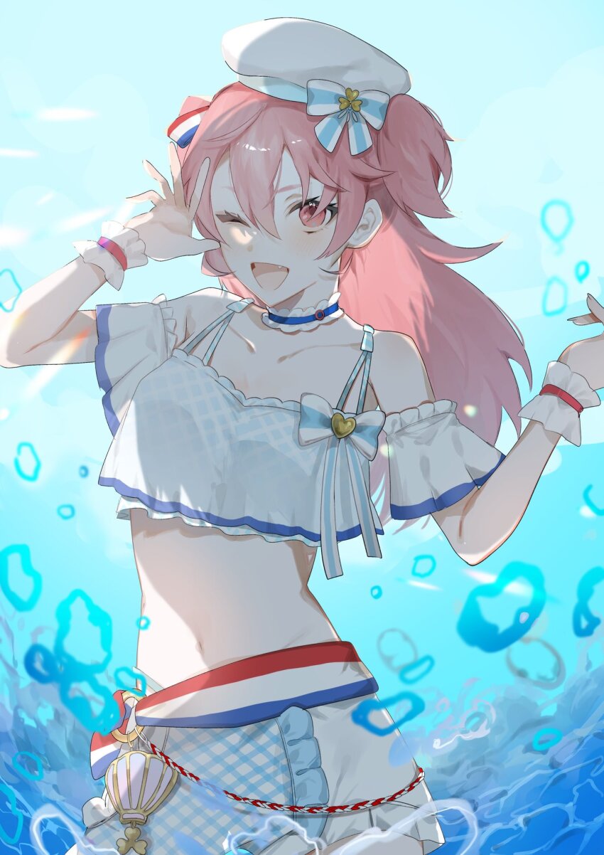 1girl alternate_costume bare_shoulders bikini hat highres itohari9951 long_hair looking_at_viewer momoi_airi navel off_shoulder official_alternate_costume one_eye_closed open_mouth pink_eyes pink_hair project_sekai smile solo swimsuit two_side_up water