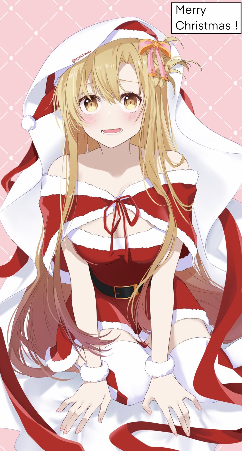 1girl absurdres artist_name asuna_(sao) bag bare_shoulders belt blush bow braid breasts brown_eyes brown_hair capelet christmas christmas_present collarbone crown_braid dress embarrassed female_focus fur-trimmed_capelet fur-trimmed_dress fur-trimmed_hat fur-trimmed_headwear fur-trimmed_wrist_cuffs fur_trim gift hair_bow hair_ornament hair_ribbon hat highres istriri lace long_hair looking_ahead looking_at_another looking_at_viewer medium_breasts multicolored_hair nervous_smile open_mouth patterned_background presenting red_background red_capelet red_dress red_ribbon red_thighhighs ribbon santa_bag santa_capelet santa_costume santa_dress santa_hat simple_background smile solo solo_focus sword_art_online thighhighs thighs tongue two-tone_hair two-tone_legwear two-tone_thighhighs very_long_hair white_background white_thighhighs wrist_cuffs