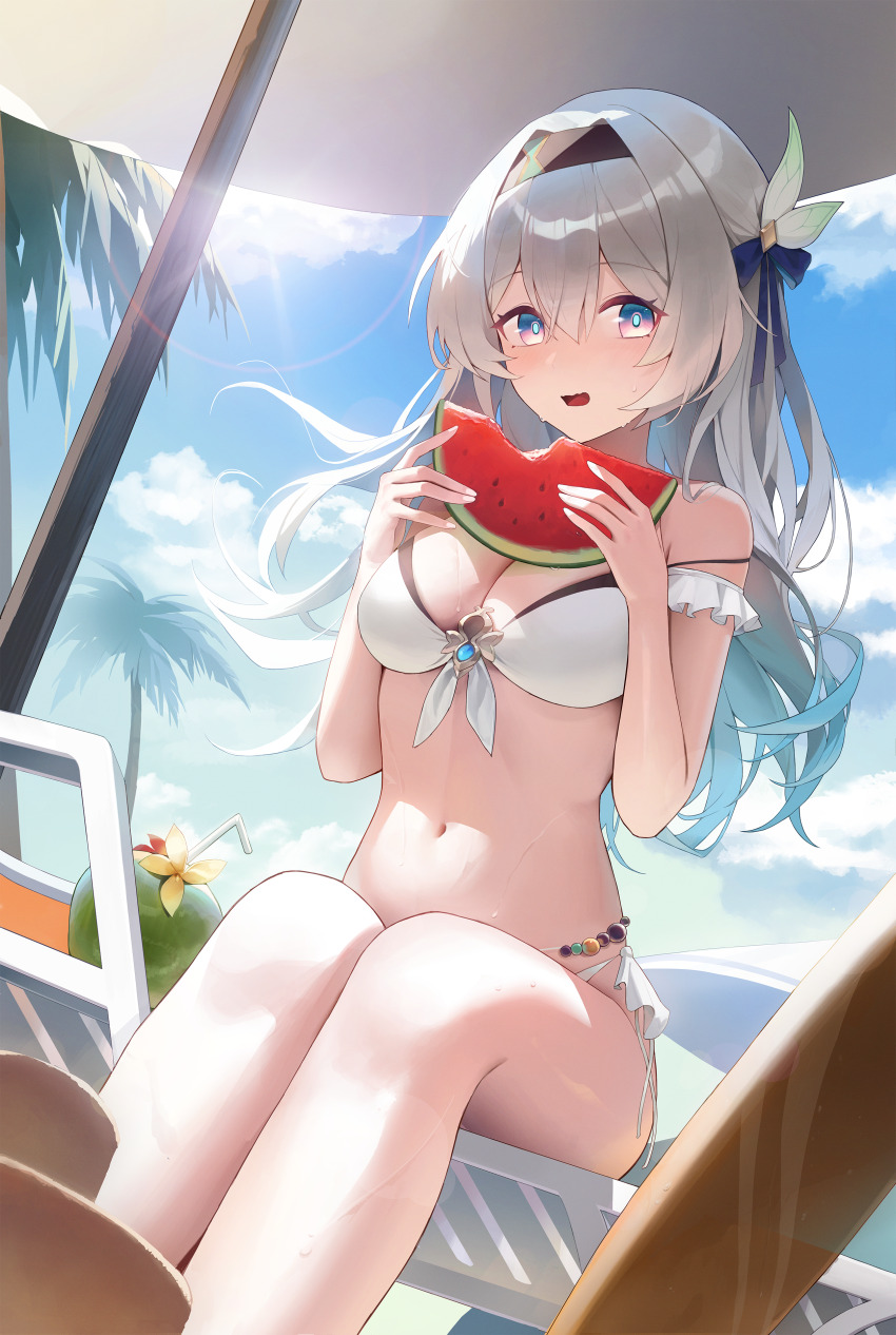 1girl absurdres alternate_costume aqua_hair bare_shoulders bikini black_hairband blue_eyes breasts cleavage coconut commentary day drinking_straw feet_out_of_frame fingernails firefly_(honkai:_star_rail) food fruit grey_hair hair_ornament hairband hands_up haruurii highres holding holding_food holding_fruit honkai:_star_rail honkai_(series) jacket light_blush long_hair looking_at_viewer medium_breasts multicolored_eyes multicolored_hair navel open_clothes open_jacket outdoors palm_tree pink_eyes sitting solo stomach sunlight sweat swimsuit thighs tree very_long_hair watermelon white_bikini