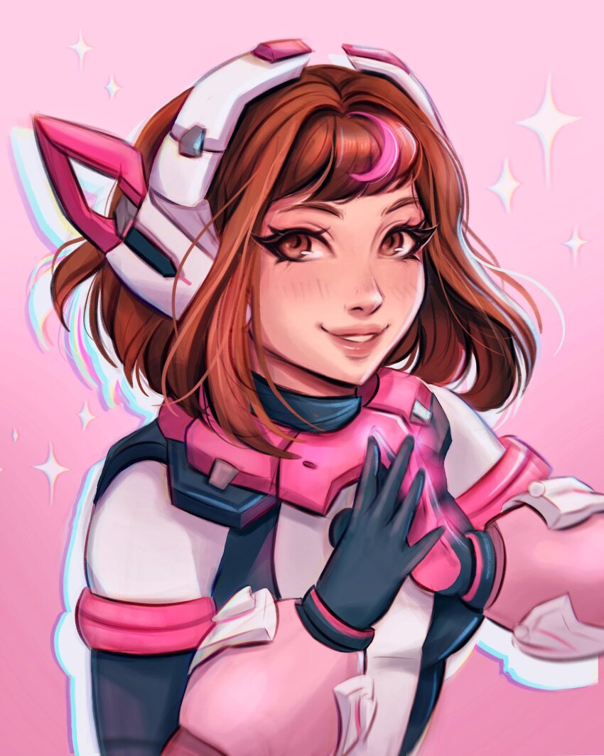 black_bodysuit black_gloves blush bodysuit boku_no_hero_academia brown_eyes brown_hair cosplay gloves gradient_background hands_up headphones highres juno_(overwatch) long_sleeves medium_hair multicolored_hair osha_(smittenartz) overwatch pink_background pink_gloves pink_hair smile sparkle teeth two-tone_hair uraraka_ochako uraraka_ochako_(cosplay) white_bodysuit