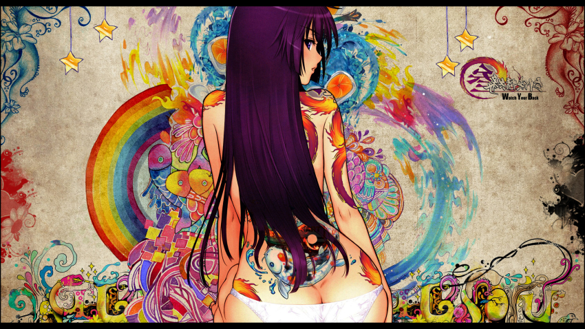 1girl ass back bakemonogatari blue_eyes blush butt_crack dimples_of_venus dragon english_text female_focus fish flower from_behind highres letterboxed long_hair long_image looking_at_viewer looking_back lowleg lowleg_panties monogatari_(series) open_mouth paintbrush panties panties_only purple_hair senjougahara_hitagi sitting skindentation sleigh snyp solo star_(symbol) surreal tattoo text_focus third-party_edit tony_taka topless underwear underwear_only white_panties wide_image