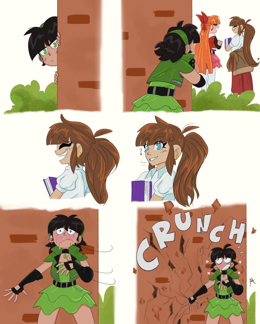 3girls ? absurdres belt black_belt black_gloves black_hair blossom_(ppg) blue_book blue_eyes blush book bow brick_wall brown_hair brown_jacket bush buttercup_(ppg) closed_eyes clothes_around_waist collared_shirt crack cracked_wall crossed_arms fingerless_gloves gloves green_eyes green_headband green_jacket green_shirt green_skirt hair_bow hand_on_own_chest headband hiding highres holding holding_book jacket jacket_around_waist leggings long_skirt moccimu multiple_girls open_clothes open_jacket open_mouth orange_hair pink_skirt powerpuff_girls red_bow red_jacket red_skirt robin_snyder_(ppg) shirt skirt teeth upper_teeth_only white_leggings white_shirt yuri