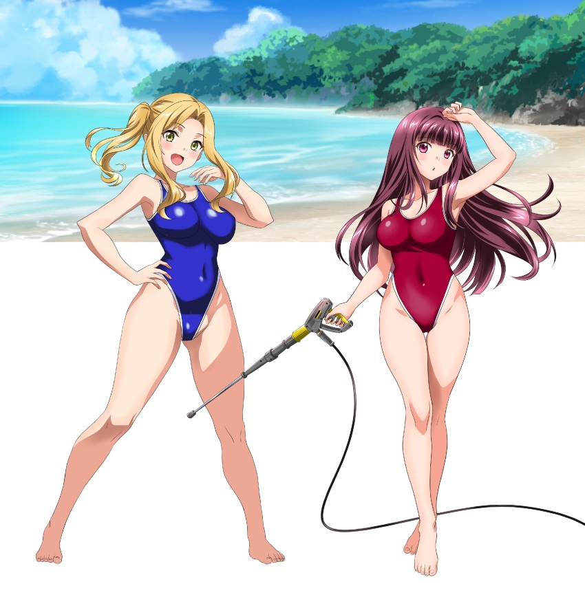 absurdres beach blonde_hair blue_eyes blue_one-piece_swimsuit blue_sky breasts brown_hair cloud competition_swimsuit covered_navel day gun gyaru highleg highleg_one-piece_swimsuit highres horizon kogal large_breasts long_hair ocean one-piece_swimsuit original outdoors red_eyes red_one-piece_swimsuit side_ponytail sidelocks sky soranokakera01 swimsuit ujiie_sakura_(soranokakera01) watarase_ayaka_(soranokakera01) weapon