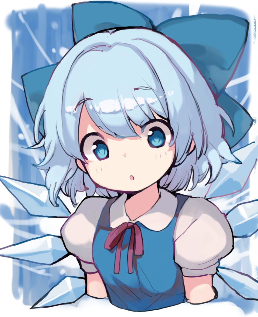 1girl :o asakura_maru blue_bow blue_eyes blue_hair bow cirno commentary_request cropped_torso hair_bow highres ice ice_wings light_blush looking_down partial_commentary puffy_short_sleeves puffy_sleeves red_ribbon ribbon short_hair short_sleeves solo touhou wings