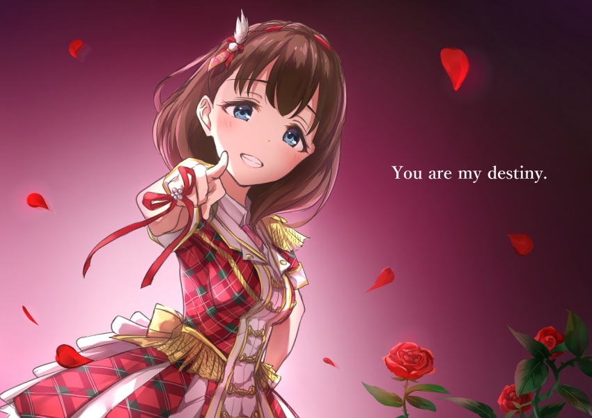 10s 1girl across_the_stars blue_eyes blush brown_hair commentary_request dress english_text epaulettes feather_hair_ornament feathers female_focus flower gloves hair_ornament hairband hand_on_own_hip idolmaster idolmaster_cinderella_girls idolmaster_cinderella_girls_starlight_stage looking_at_viewer petals plaid_clothes plaid_dress pointing ribbon rose rose_petals sakuma_mayu short_hair short_sleeves smile solo takeashiro