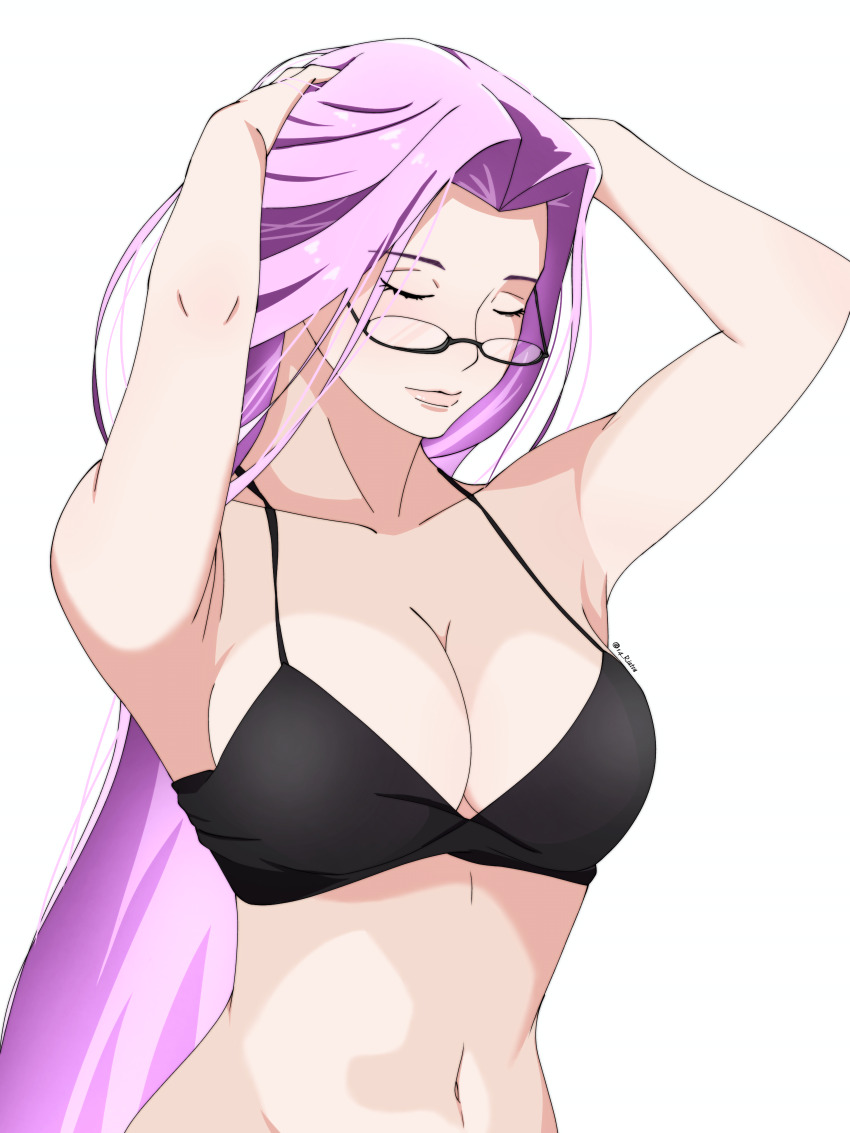 14_riatsu 1girl absurdres armpits bikini black_bikini breasts closed_eyes fate/grand_order fate/stay_night fate_(series) glasses highres long_hair medusa_(fate) medusa_(rider)_(fate) navel purple_hair simple_background solo stomach swimsuit type-moon upper_body white_background