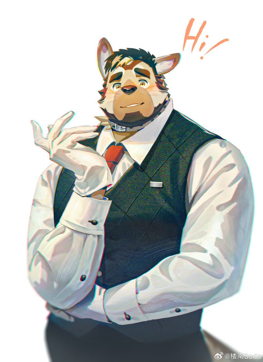 1boy bara beard blush cowboy_shot dog_boy english_text facial_hair full_beard furry furry_male gloves highres limp_wrist looking_at_viewer lou_nan_soda male_focus mature_male muscular muscular_male necktie original short_hair solo standing thick_eyebrows vest