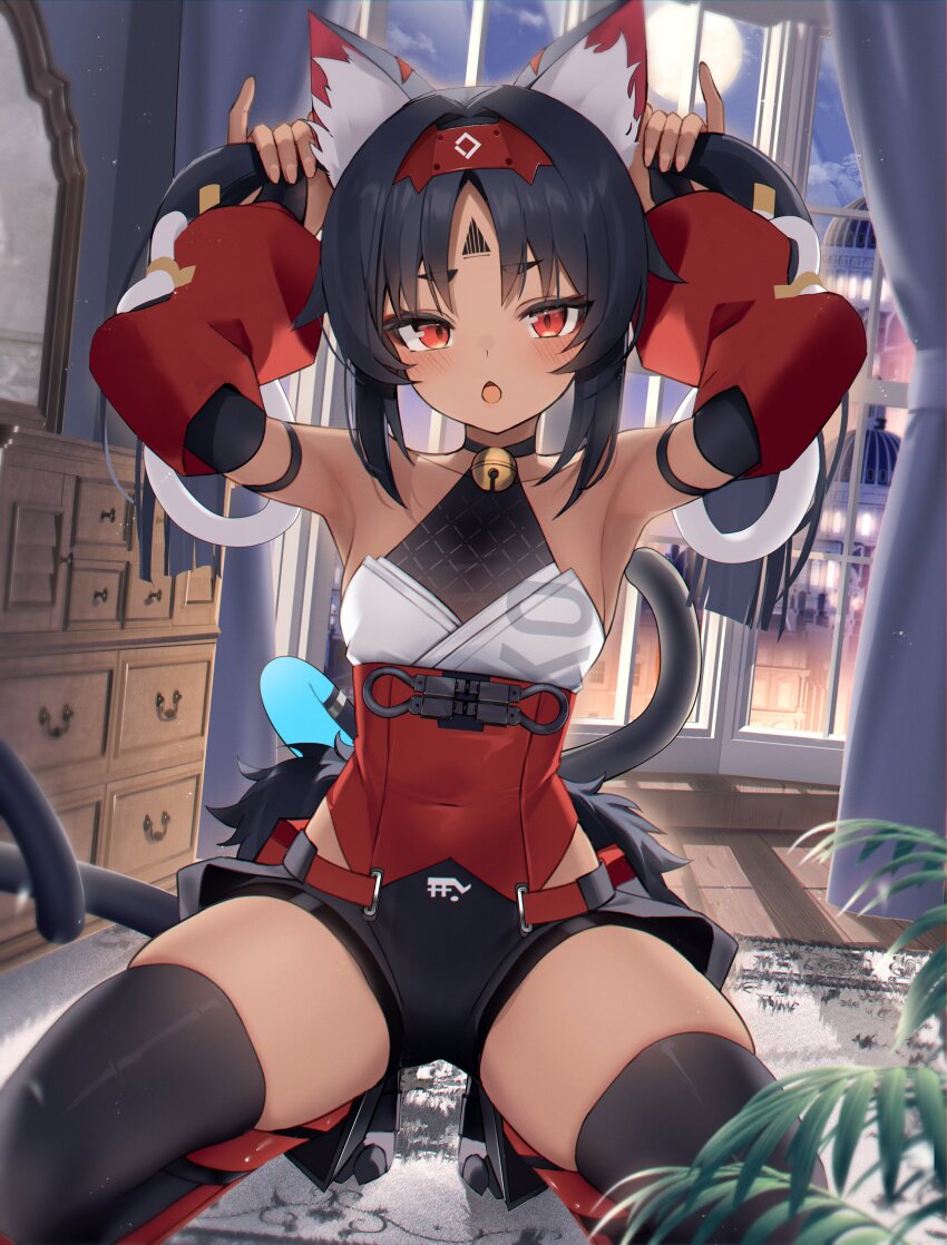 1girl absurdres animal_ear_fluff animal_ears black_hair cat_girl cat_tail dark-skinned_female dark_skin facial_mark forehead_mark highres multiple_tails nekomiya_mana solo tail thomas_8000 two_tails zenless_zone_zero