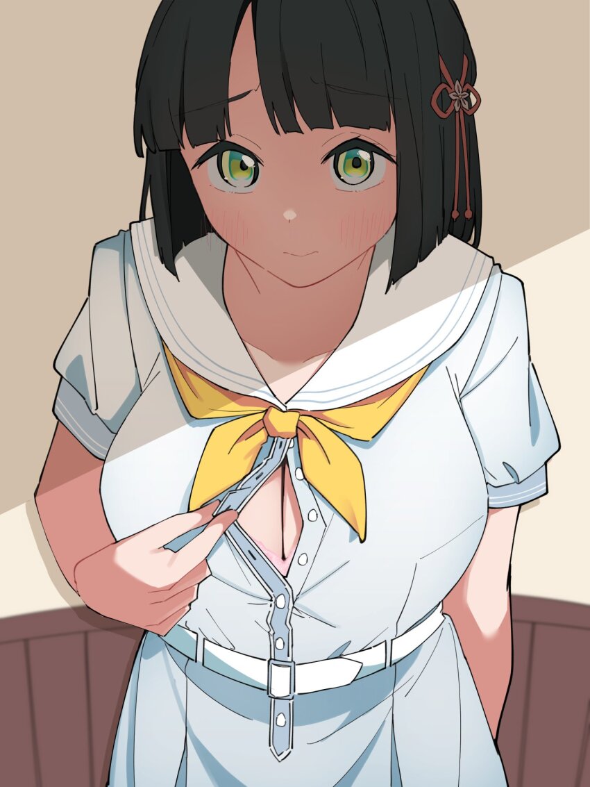 1girl black_hair blunt_bangs blush bob_cut breasts cleavage closed_mouth commentary dress flower_knot furrowed_brow green_eyes highres link!_like!_love_live! liz_(piyoko_piyop) looking_at_viewer love_live! medium_breasts momose_ginko neckerchief sailor_collar shade short_hair short_sleeves solo standing symbol-only_commentary unbuttoned_dress upper_body virtual_youtuber white_dress white_sailor_collar yellow_neckerchief