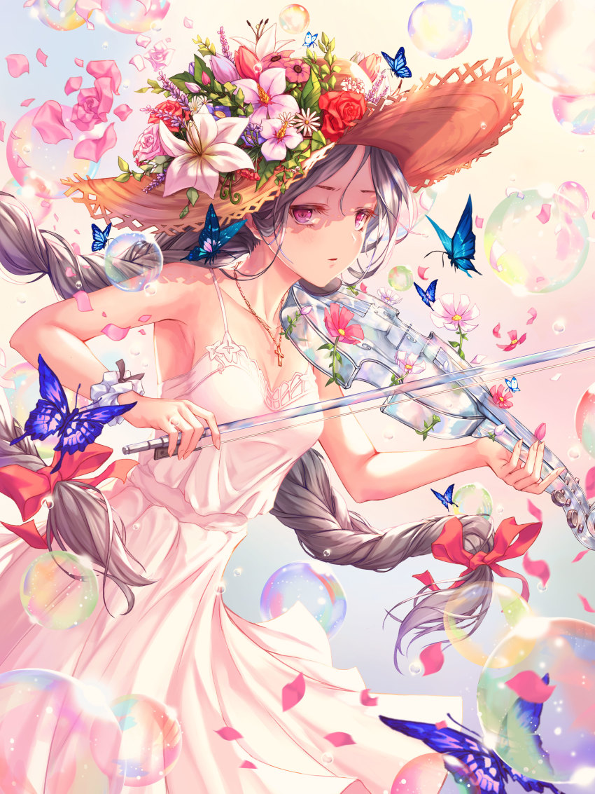 1girl absurdres bad_id bad_pixiv_id bare_arms bare_shoulders braid breasts brown_hat bubble bud bug butterfly cleavage collarbone commentary cross cross_necklace dogwood_(flower) dress falling_petals female_focus floating_hair flower glass grey_hair hair_ribbon hat hat_flower highres holding holding_instrument holding_violin insect instrument jewelry jhcoon latin_cross light_rays lily_(flower) long_hair looking_at_viewer music necklace original parted_lips petals pink_dress pink_eyes pink_flower pink_rose playing_instrument purple_flower red_flower red_ribbon red_rose ribbon rose scrunchie sideways_glance sleeveless sleeveless_dress small_breasts solo spaghetti_strap standing straw_hat sun_hat sundress sunlight twin_braids twintails very_long_hair violin white_flower white_scrunchie wrist_scrunchie