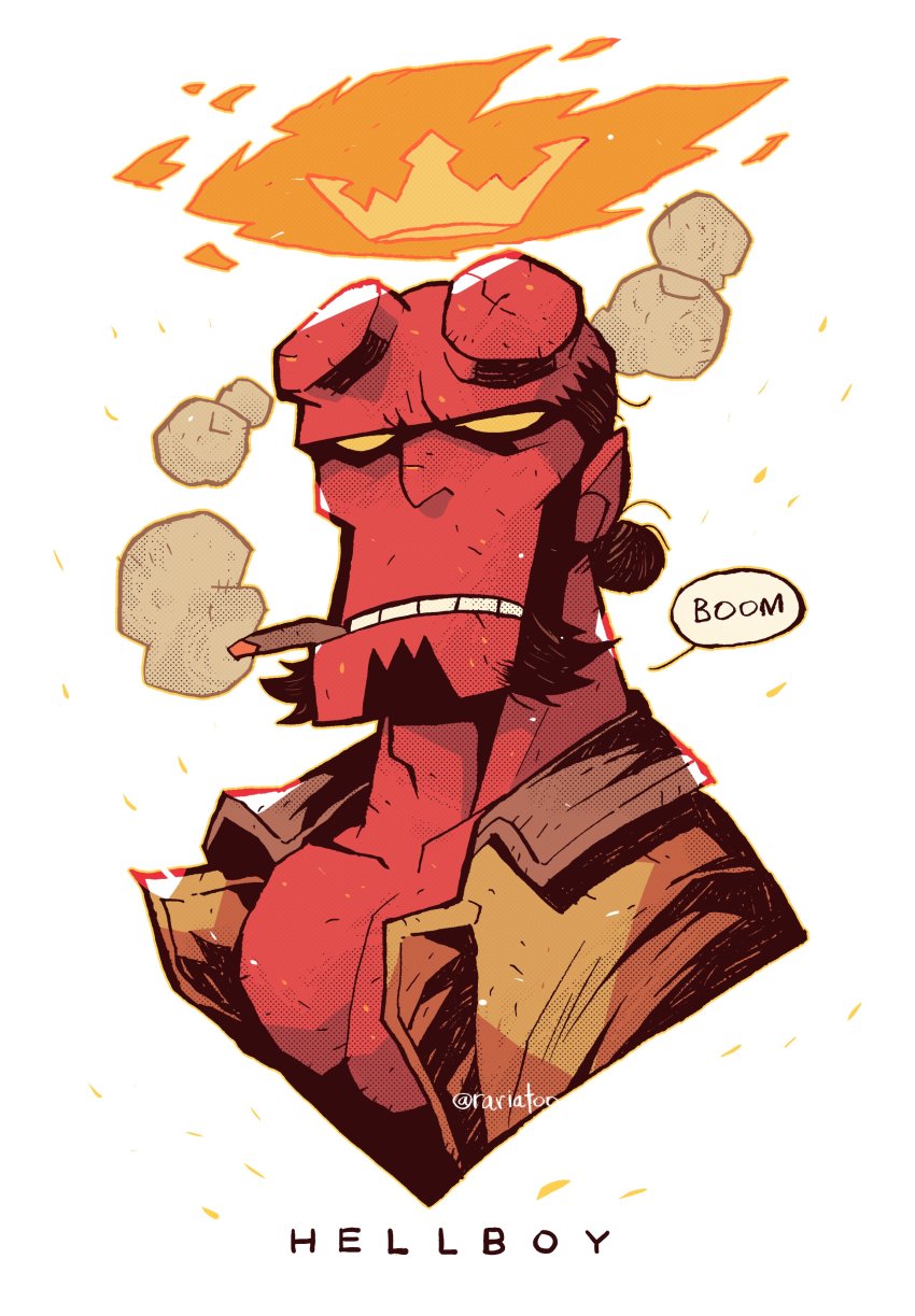 1boy absurdres brown_jacket cigar colored_skin crown demon english_text fire hellboy hellboy_(comic) highres horns jacket male_focus mixed-language_commentary open_clothes open_jacket rariatto_(ganguri) red_skin shirt smoking speech_bubble torn_clothes torn_shirt twitter_username upper_body white_background yellow_eyes