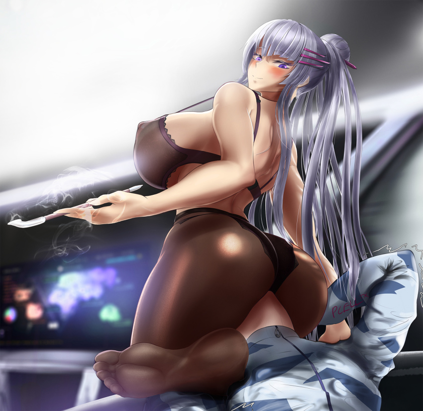 1boy 1girl ass black_panties blush breasts feet frolaytia_capistrano hair_ornament heavy_object highres huge_breasts kiseru long_hair military military_uniform nipples panties pantyhose pcell purple_eyes see-through_clothes silver_hair sitting sitting_on_face sitting_on_person smile smoke smoking smoking_pipe underwear