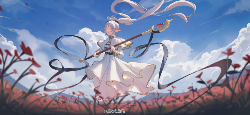 1girl absurdres black_c_(net_dust) blue_sky capelet cloud commentary_request day earrings elf frieren green_eyes highres holding holding_staff jewelry long_hair long_sleeves mage_staff outdoors parted_bangs pointy_ears scenery sky solo sousou_no_frieren staff standing twintails white_capelet white_hair