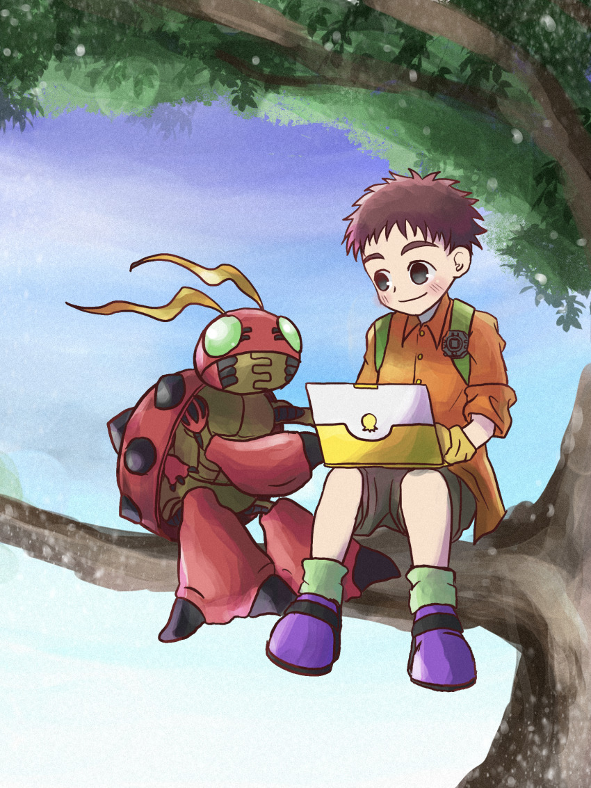 Izumi Koushirou Tentomon Digimon Highres Babe Antennae Bug Computer Laptop Tree Image