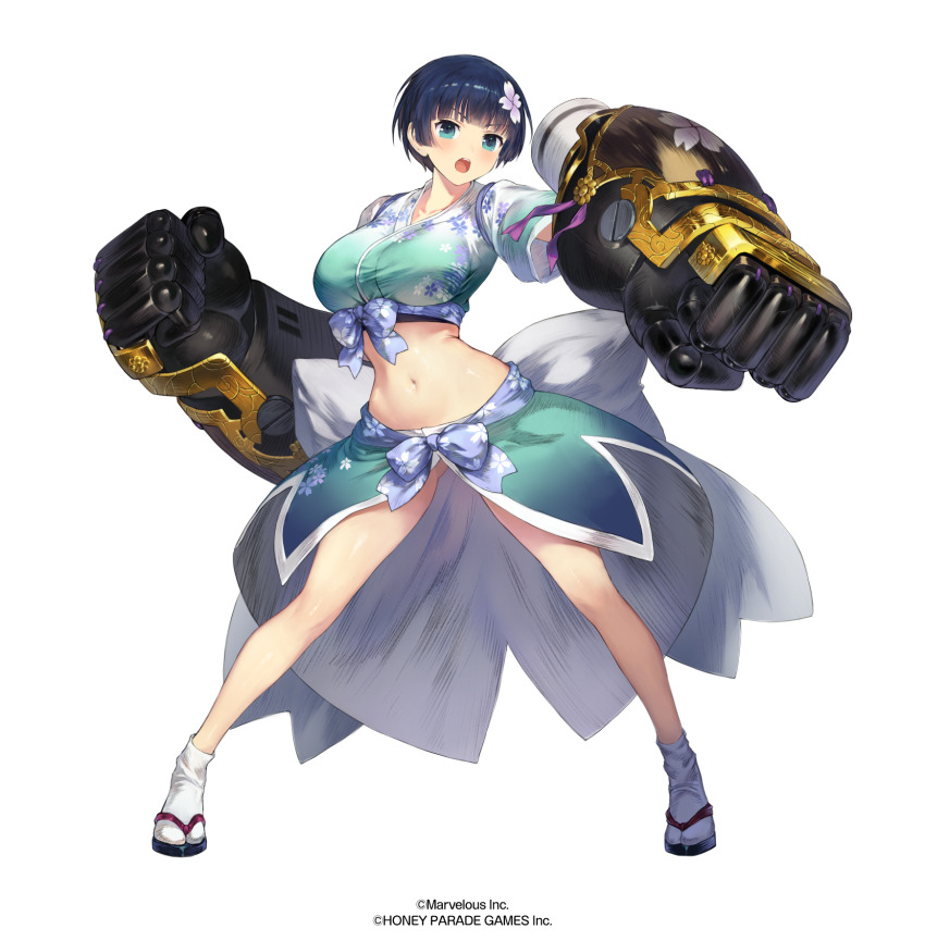 1girl ankle_socks blue_eyes blue_hair bow bowl_cut breasts brown_dust_(series) brown_dust_2 clothing_cutout flower gauntlets gluteal_fold hair_flower hair_ornament highres huge_breasts japanese_clothes kimono large_breasts light_blush linea_alba low_neckline navel no_panties official_art open_mouth power_fist ribbon-trimmed_kimono sandals senran_kagura senran_kagura_new_link short_hair socks solo stomach_cutout yozakura_(senran_kagura)